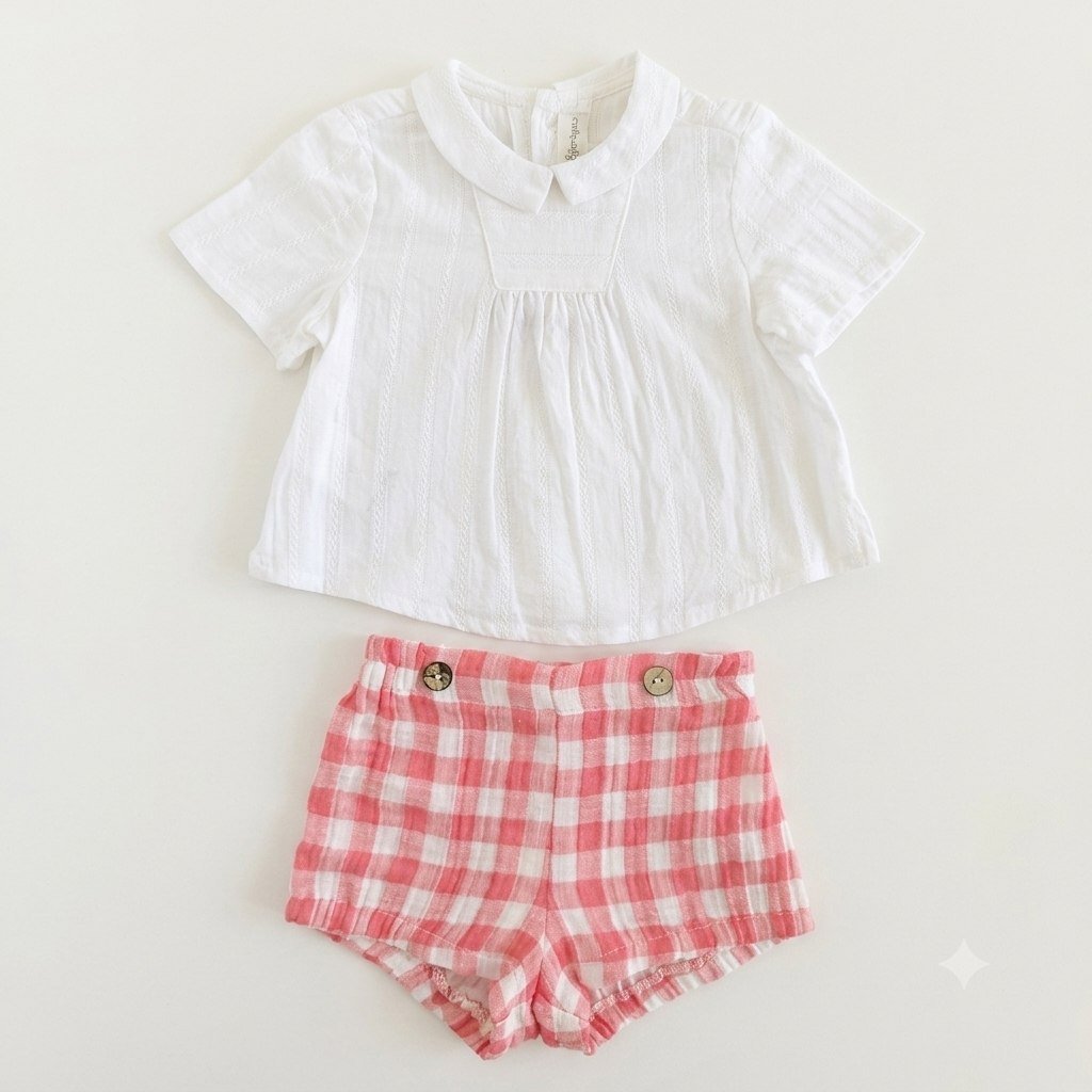 CONJUNTO CAMISA CENEFA ROMBOS+BERMUDA CUADROS VICHY CORAL - Imagen 2